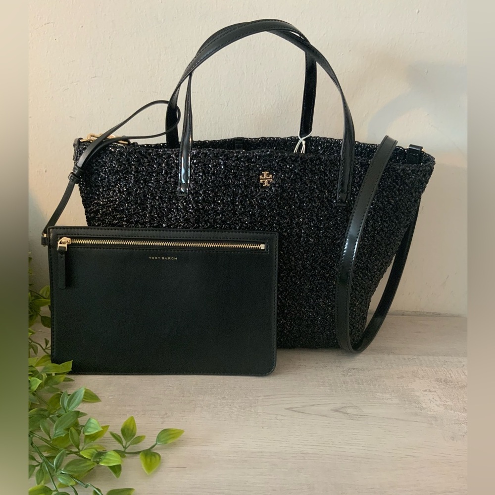 NWT TORY BURCH EMERSON LACQUERED RAFFIA TOTE W/LEATHER POUCH